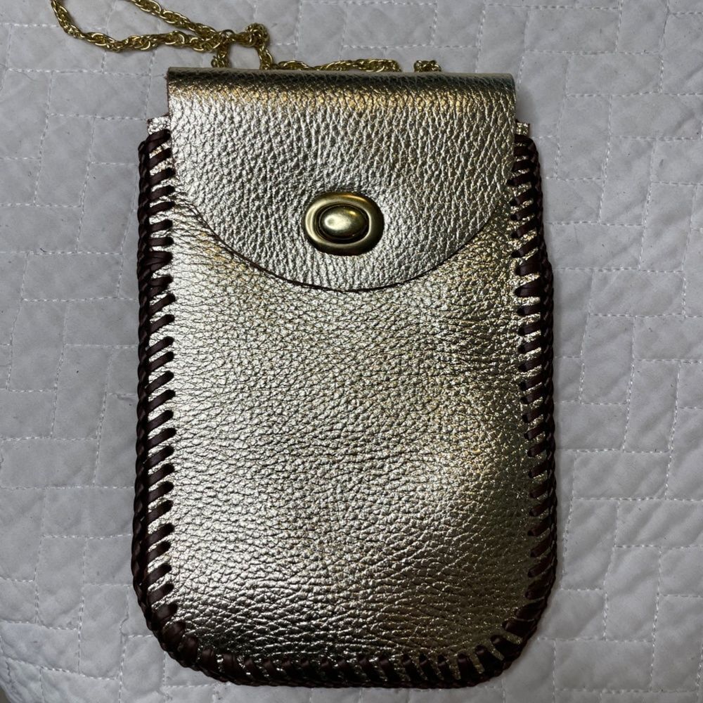 Handmade Custom Gold & Brown Leather Wrap Small Satchel w/ Gold Toned String - Picture 6 of 9